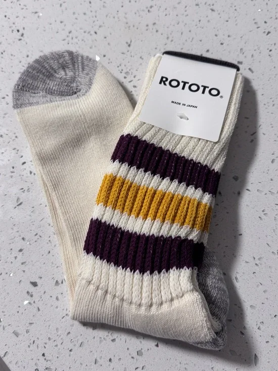 RoToTo Retro Coarse Ribbed Old School Crew Socks in Gold & Bourdeaux NWT - Picture 6 of 12